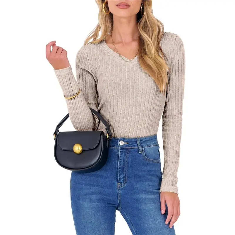 

AEA7-Womens Long Sleeve Shirts V Neck Ribbed Knit Slim Fit Sweater Fall Dressy Casual Travel Work Tops