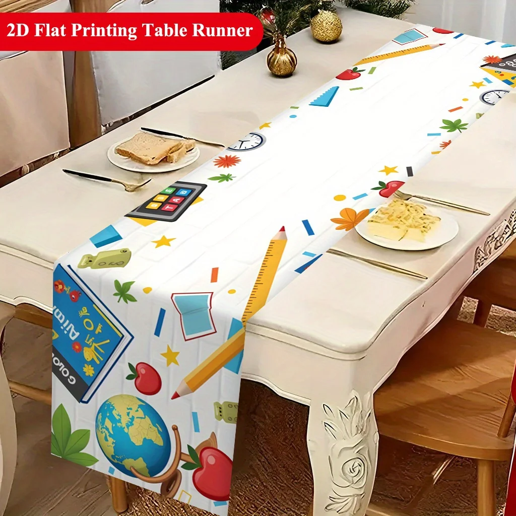 Vibrant School Supplies Colorful Motif Table Runner - Cute Back to School Decoration for Holiday Kitchen Dining Home Party