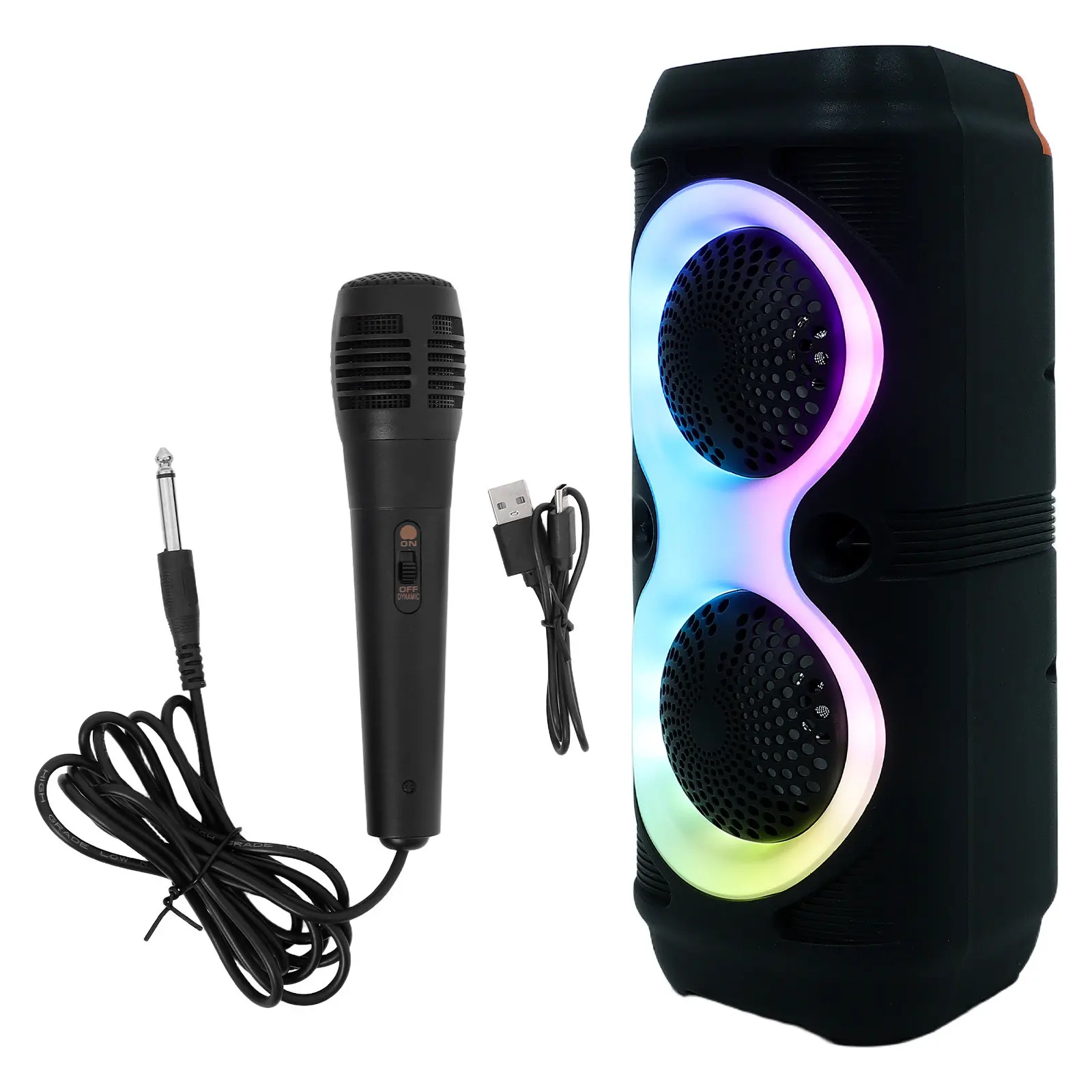 

Портативная беспроводная колонка с RGB-подсветкой, глубокими басами, USB-подключением и микрофоном для караоке, вечеринок на открытом воздухе и кемпинга. Мини-колонка.