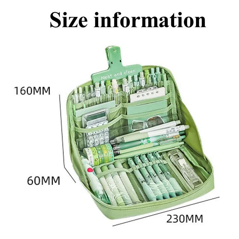 멀티 레이어 90 ° 오픈 연필 케이스 대용량 녹색 학생 천 펜 가방, 학교 문구 정리함 공급 연필 파우치
