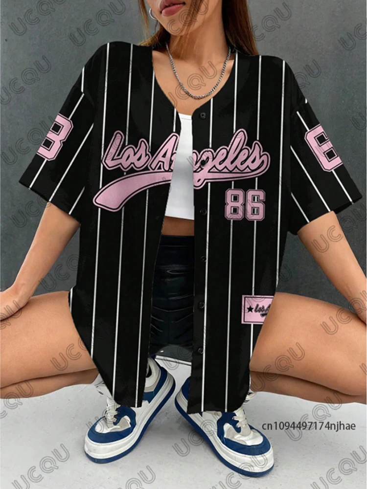 Red LA 86 Stripe Baseball Shirt | Summer Streetwear Button Up Top for Women Men