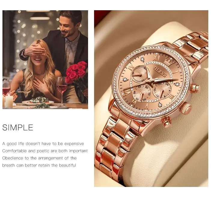 ساعة OLEVS TY715 للسيدات من أفضل العلامات التجارية الفاخرة ساعة كوارتز أصلية جميع الذهب الماس كلاسيكية مقاومة للماء بثلاثة أقراص صغيرة كرونوغراف