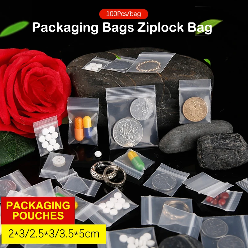 100Pcs/Bag PE Plastic Packaging Bags Ziplock Bag Pill Packaging Bag Thicken Packaging Seal Bag Jewelry Bag 2x3cm 2.5x3cm 3.5x5cm