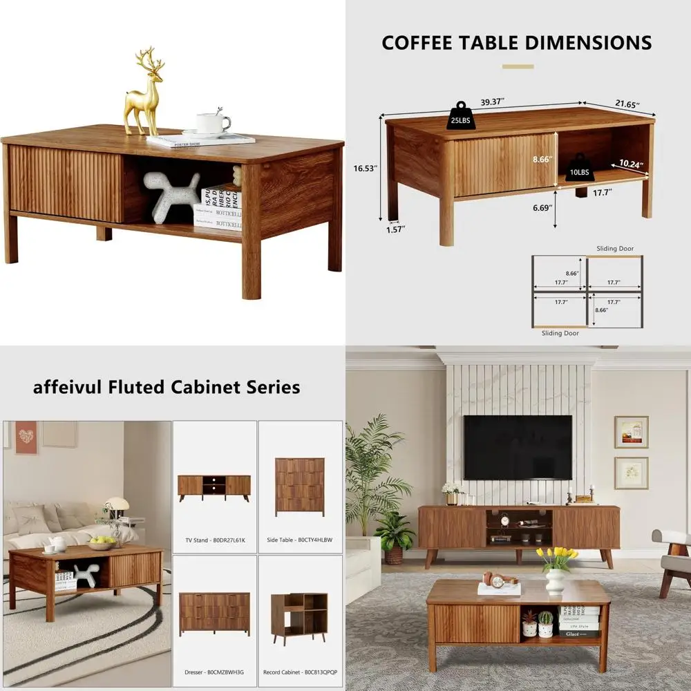 Mid Century Modern Coffee Table with Storage, Light Wood Finish, Rustic Fluted Design, Low for Living Room Use