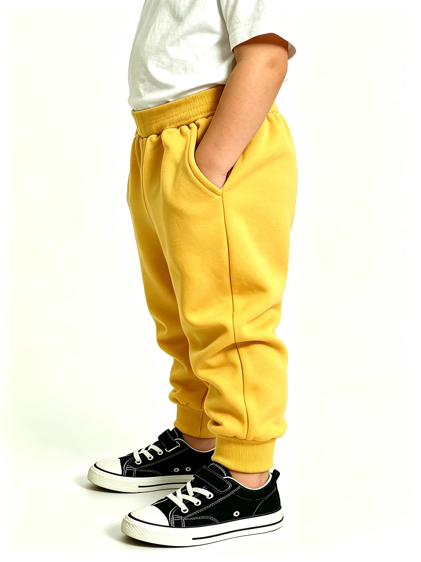 Boys Girls Yellow Jogger Pants All‑Season Wear Daily Outdoor Long Trousers Elastic Waist Side Pockets Casual Sport Sweatpants