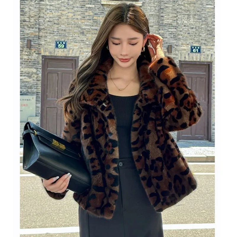 Vintage femmes imprimé léopard fausse fourrure veste automne hiver nouveau col montant de haute qualité court manteau de fourrure de vison vêtements d'extérieur pour femmes W1119