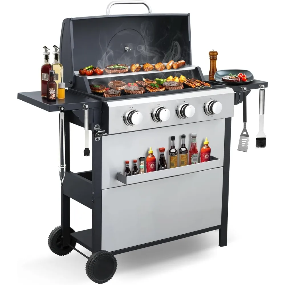 

Газовый гриль на пропане с 4 конфорками и выходом 40 000 БТЕ — эмалированные решетки для приготовления пищи, легко очищаемая обработка жира и равномерное распределение тепла