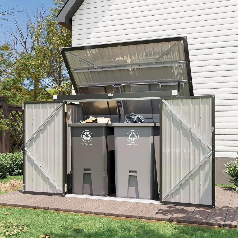 Outdoor trash can storage shed for 60 cu.ft, durable resin material, gray color, weather-resistant and lockable design