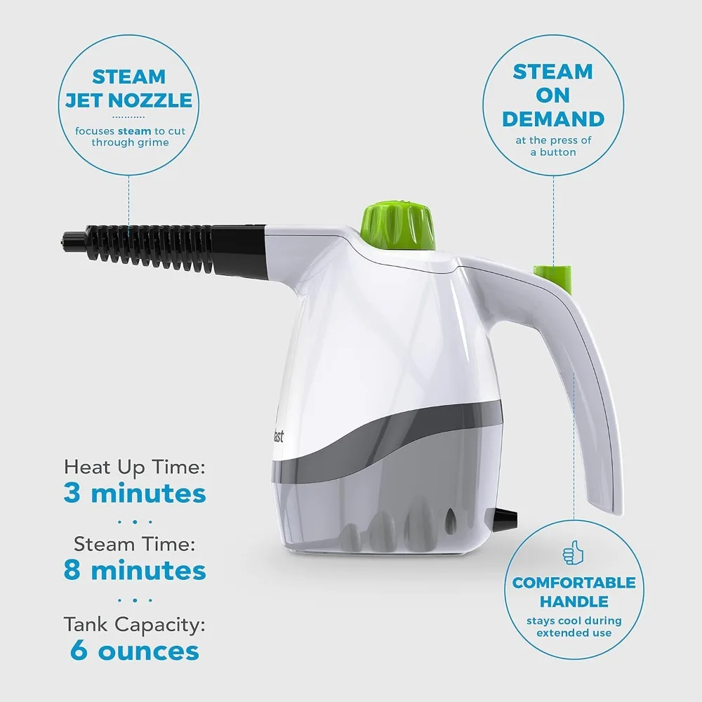 Handheld Steam Cleaner with 6 Accessories Included to Remove Dirt, Grime, Grease, Quick Heat Up Time, White