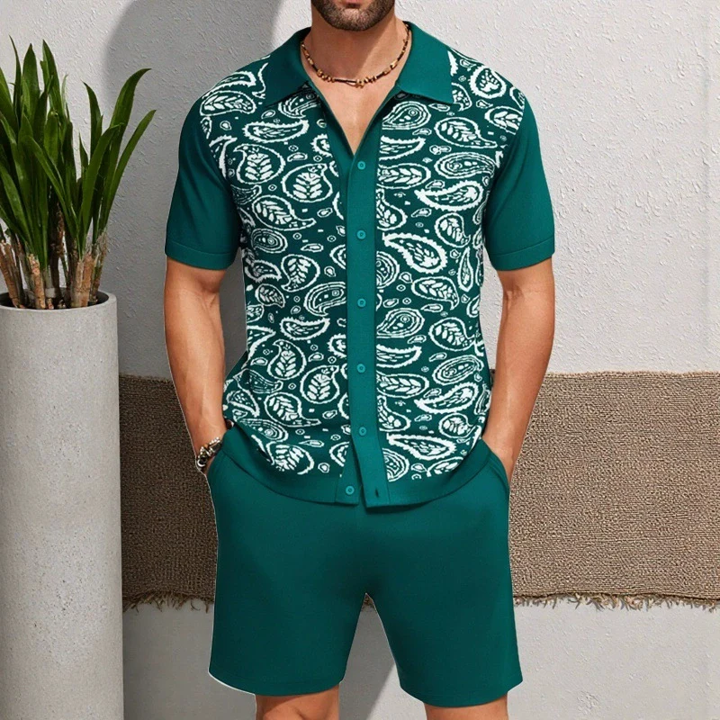 ジャカードニットウェア 2 点セットシャツ & ショーツスーツ男性カジュアル夏の涼しさ品質シルキー弾性トラックスーツアンサンブルオム