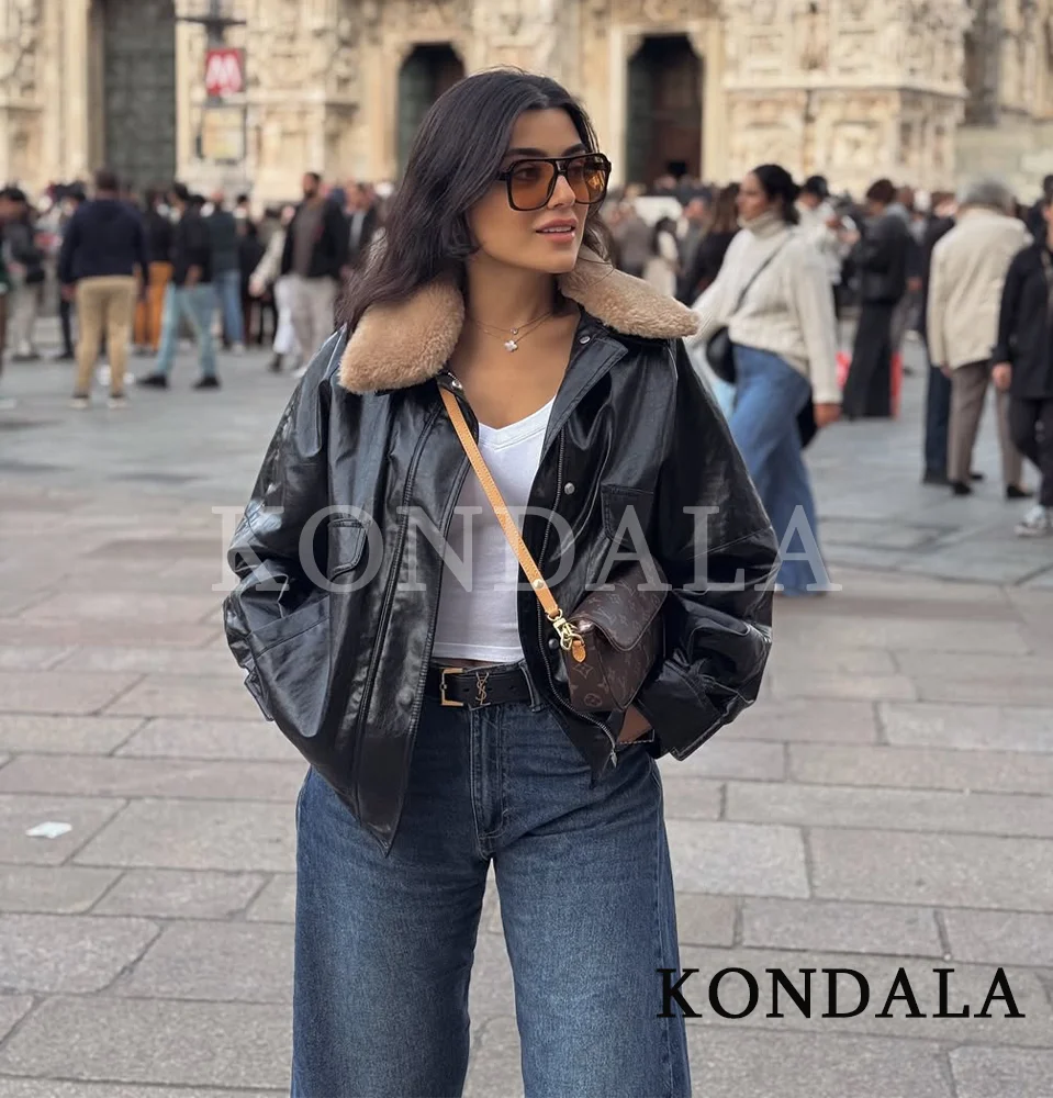 

KONDALA Fall Winter Leather Padding Jacket Coat Women Fleece Lapel Zipper Jacket 2025 Fashion Casual Outwear PU Leather Jacket