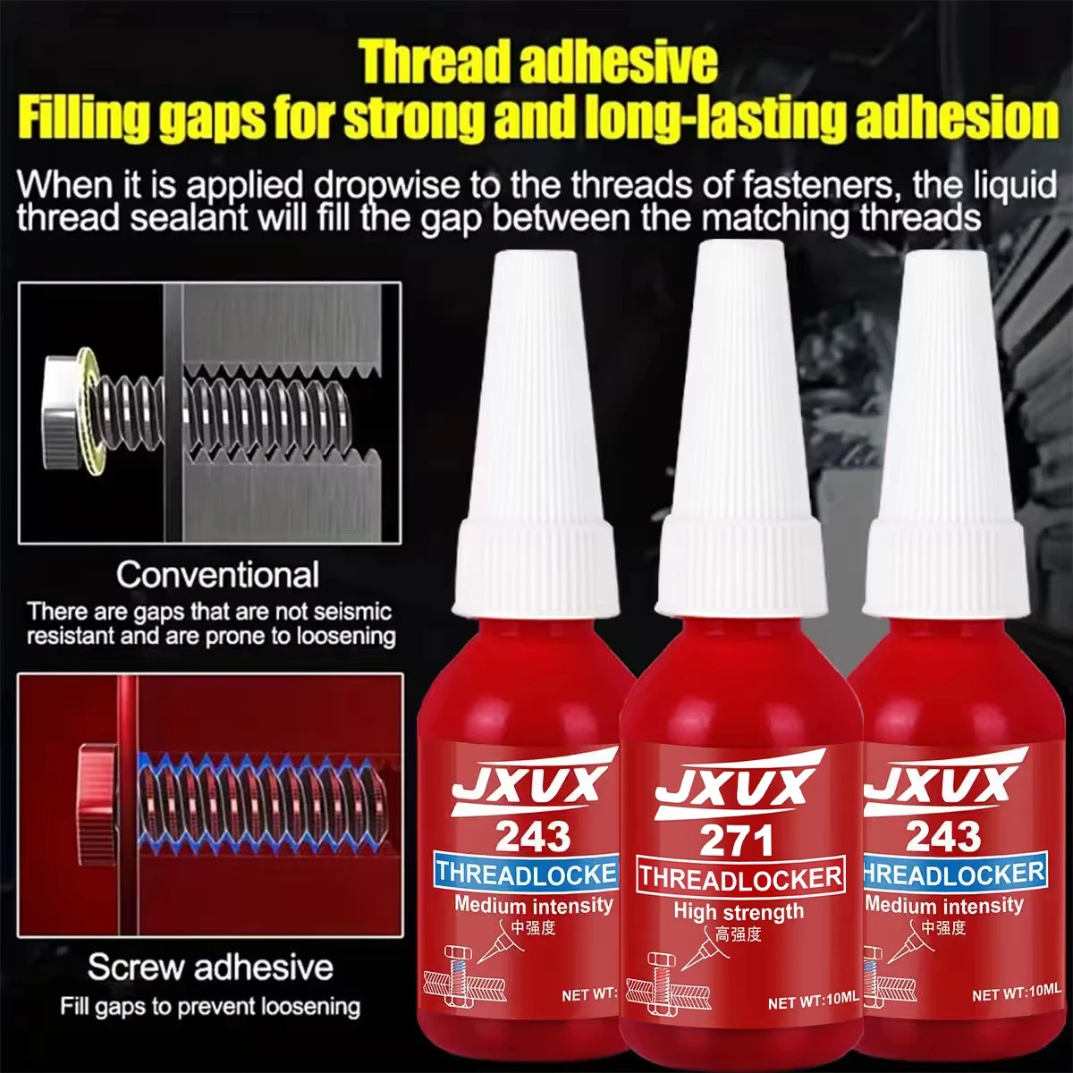 6-pack 243 Threadlocker Adhesive Threadlocking Adhesive Anaerobic Adhesive Screw Anti-Vibration Anti-Loosening Adhesive Sealant Medium Strength Removable Equivalent to Loctitl 10ml/50ml