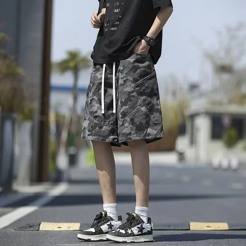 American Vintage Camouflage Work Shorts For Men, New Summer Loose Trendy Denim Shorts For Men