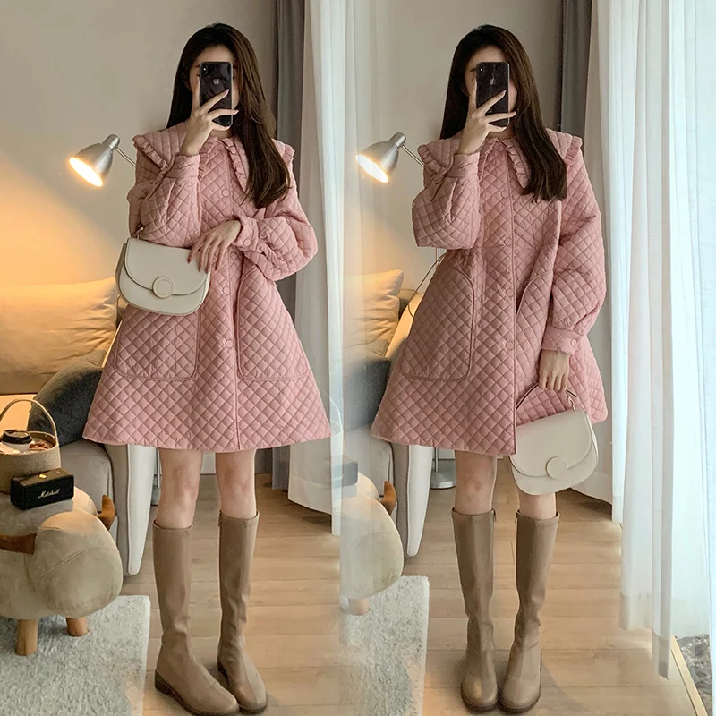 New Year Pregnant Women's Large Size Coats Loose Design Doll Collar Cotton Jacket Sweet Maternity Pink Plaid Jackets A-line Coat