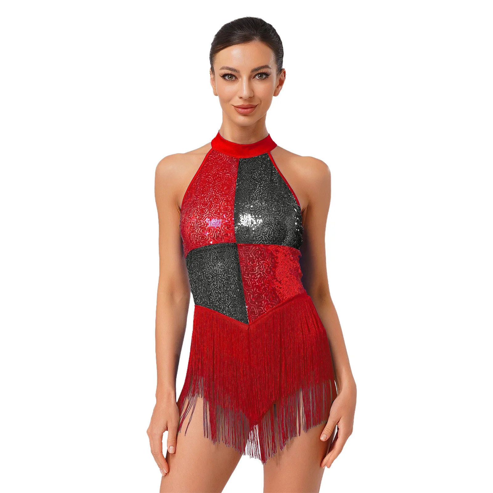 

Women Lyrical Latin Stage Performance Costumes Female Sequins Patchwork Latin Cha-cha Jazz Dance Tassel Fringe Leotard Dancewear