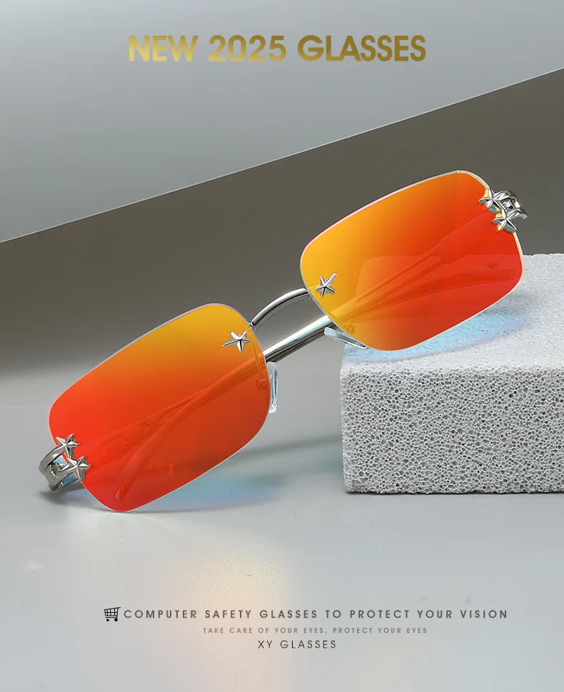 2025, rechteckige Y2K-Sonnenbrille für Damen, Markendesigner, randlose Sterne, verspiegelt, coole Mode-Sonnenbrille für Herren – Detail 1