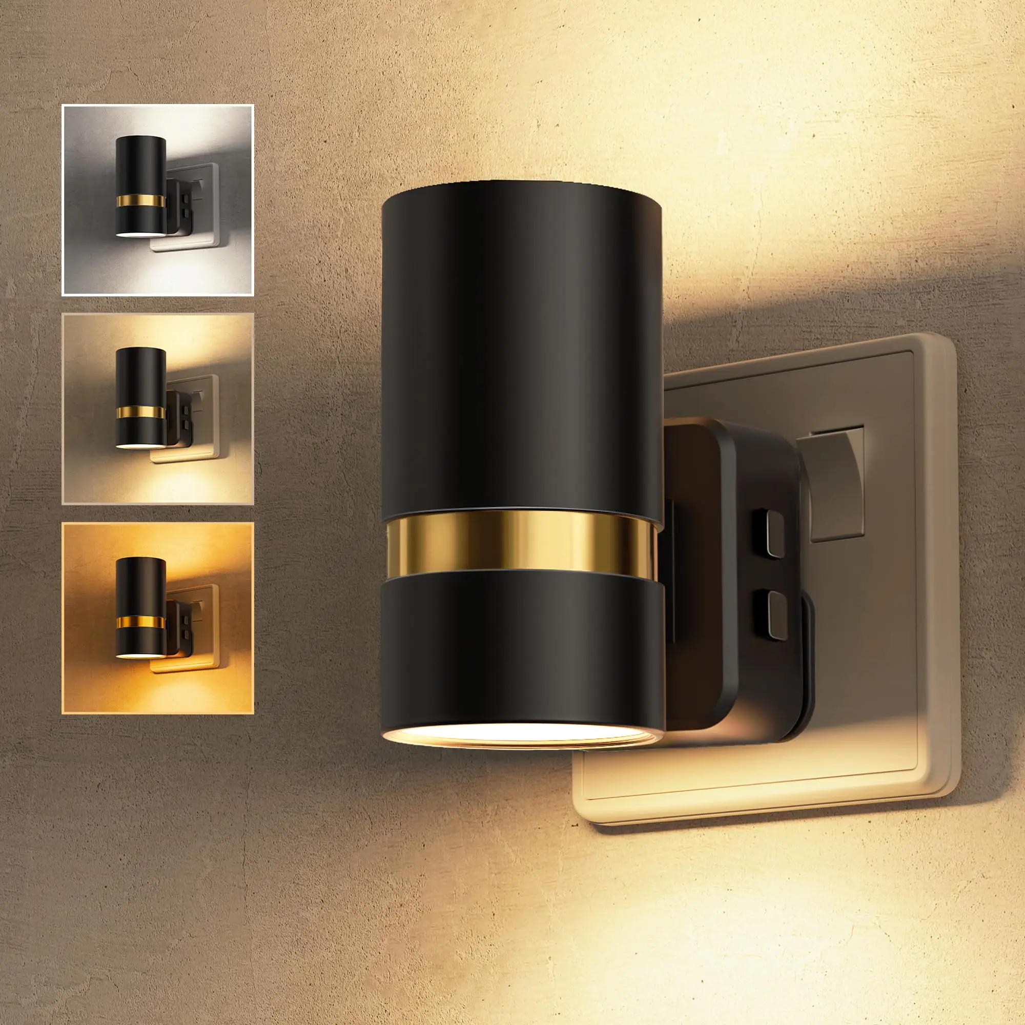 ضوء ليلي، ضوء ليلي قابل للتوصيل مع مستشعر من الغسق إلى الفجر، درجة حرارة اللون قابلة للتعديل (العنبر/3000K/5000K)، 5 مستويات سطوع