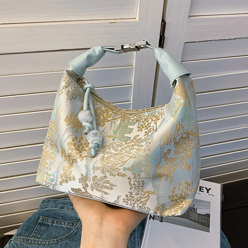 

New Chinese style retro bag women's 2024 new silk jacquard handbag fashionable and simple shoulder messenger bag