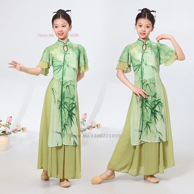 

2025 chinese vintage children folk dance costume bamboo print mesh qipao +pants set vintage dress stage performance costume