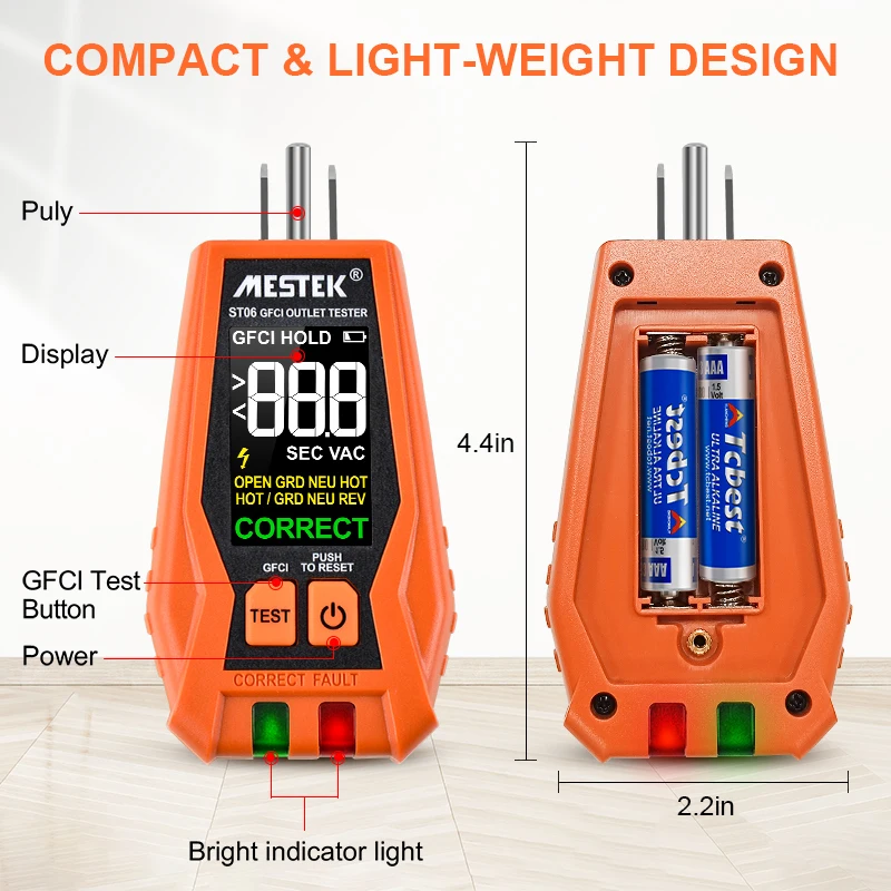 Mestek GFCI Outlet Tester 120V US Plug Color Screen GFCI Test Circuit Breaker Auto Hold Live Neuter Wire Test Socket Detector