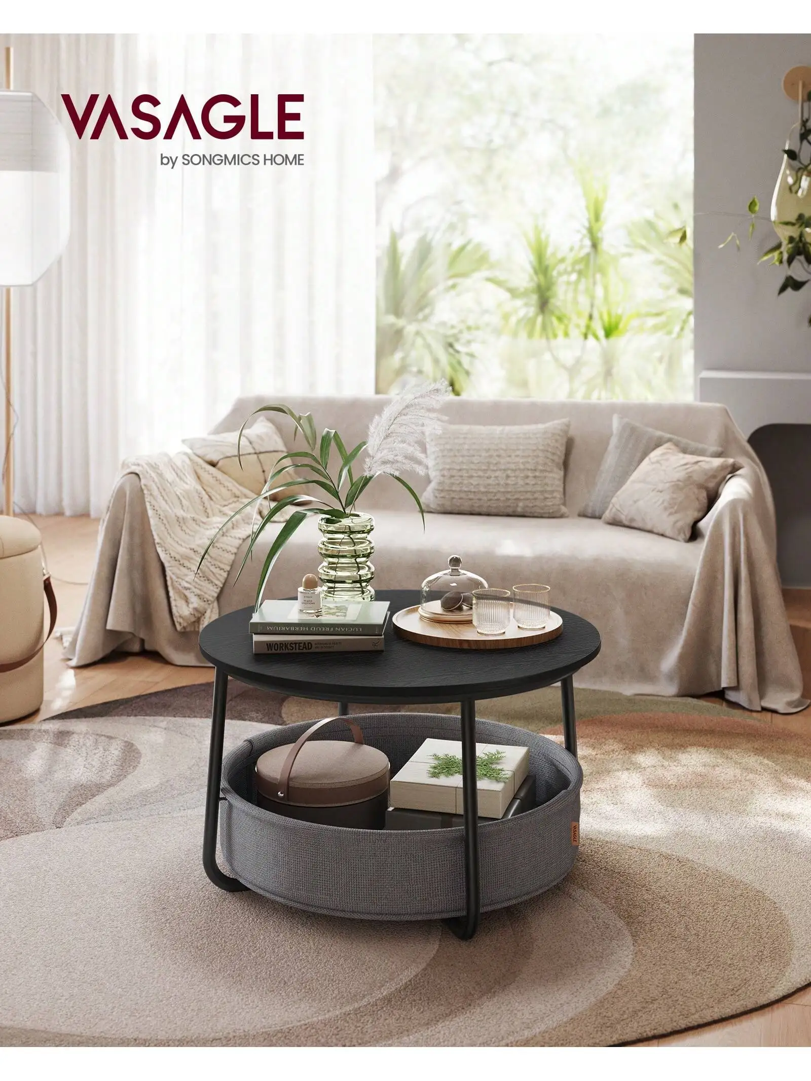 VASAGLE Round Coffee Table: Fabric Basket, Spacious, Living Room/Bedroom, Nightstand, Modern Style, Ebony Black/Slate Grey