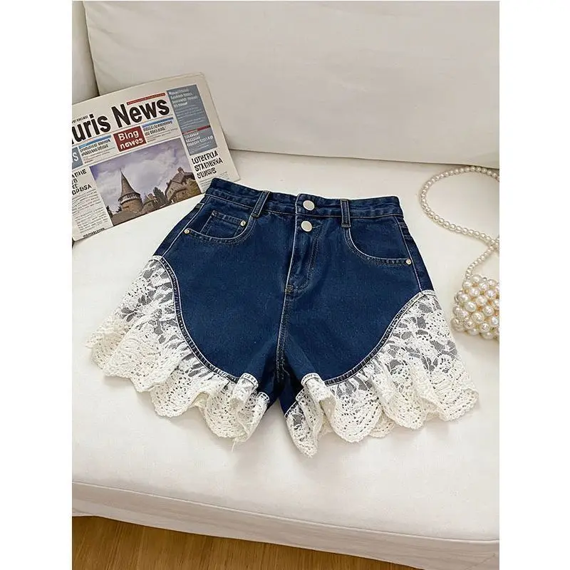High Waist Lace Splicing Denim A-word Denim Shorts Summer New Loose Lace Wide Legs Jeans Shorts