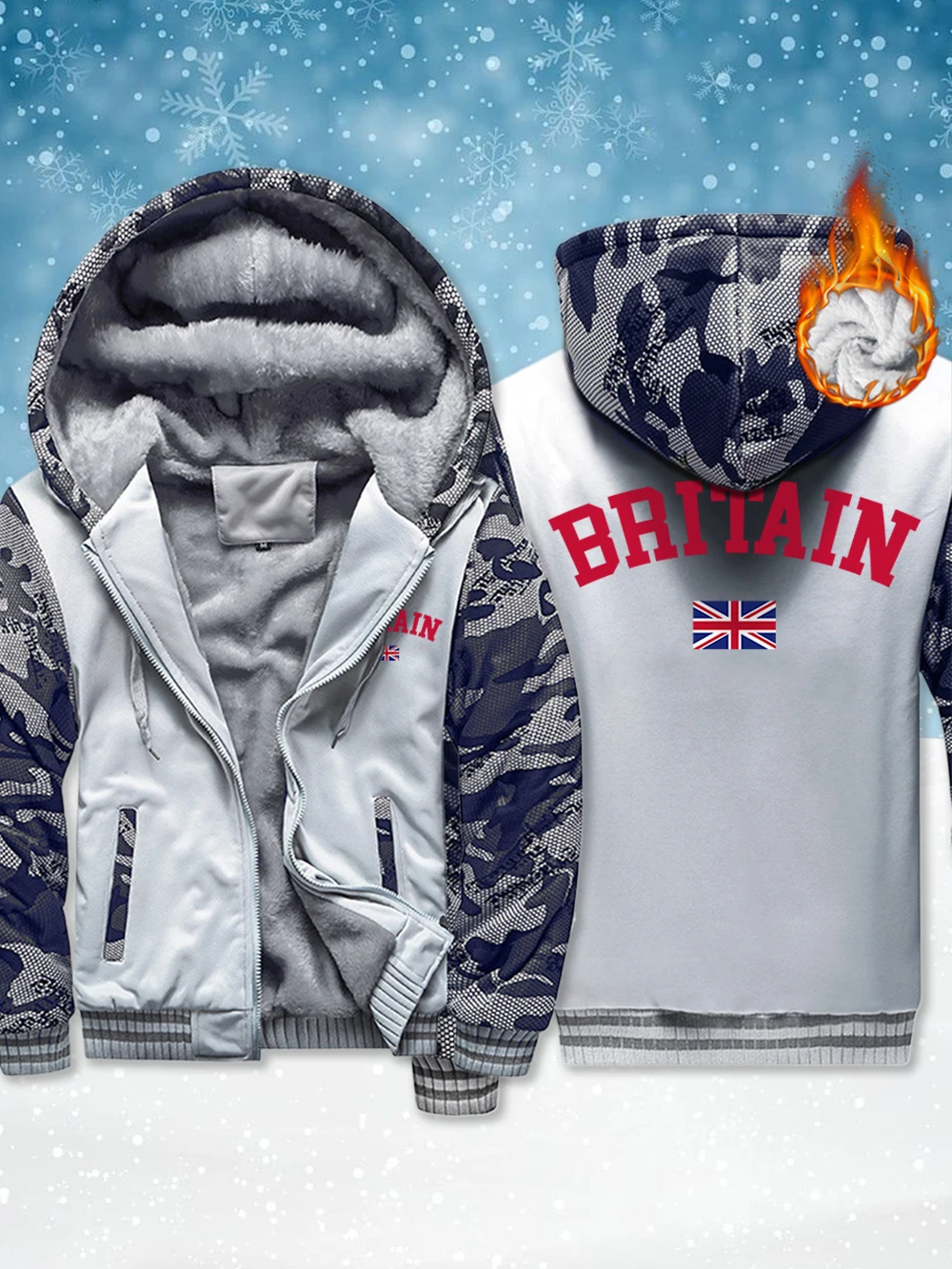 

Britain Text With Flag Printing Mens Thicken Coats Winter Fleece Warm Zipper Jackets Windproof Thermal Outerwear Men'S Clothes