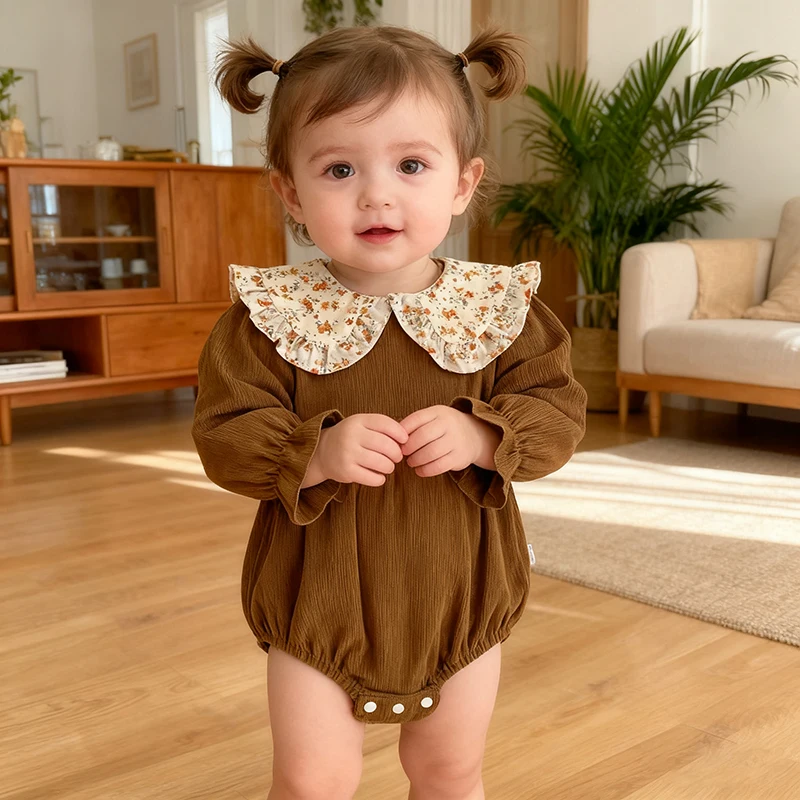 

Новый весенний комбинезон для маленьких девочек 0-3 лет, детская одежда, хлопковая одежда с рюшами и длинными рукавами для малышей, комбинезон с цветочным узором для маленьких девочек