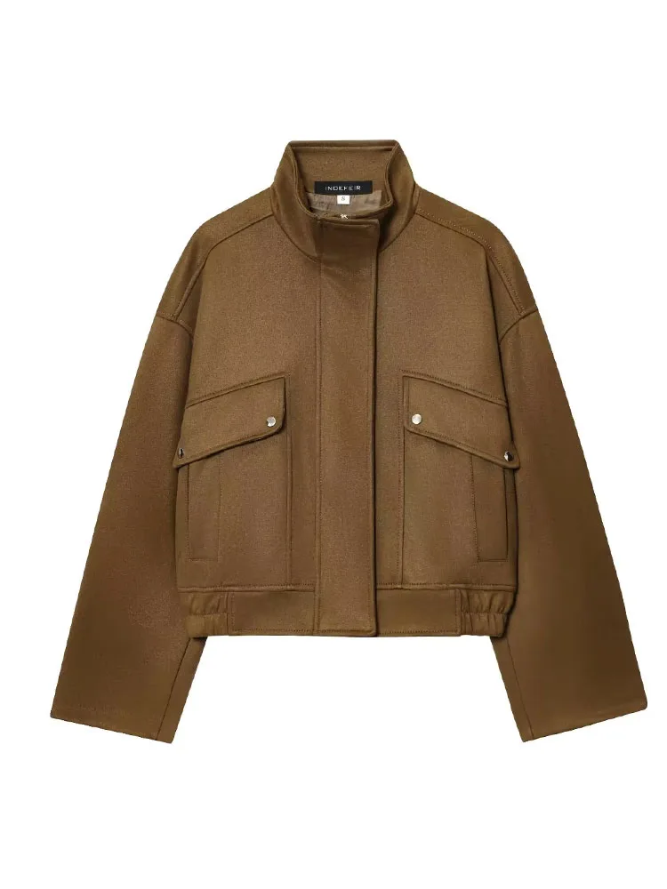 HH Woman Fashion Long Sleeves Zipper High Neck Pockets Decorative Coats Women's Autumn Elegant Suede Textured Street Jacket