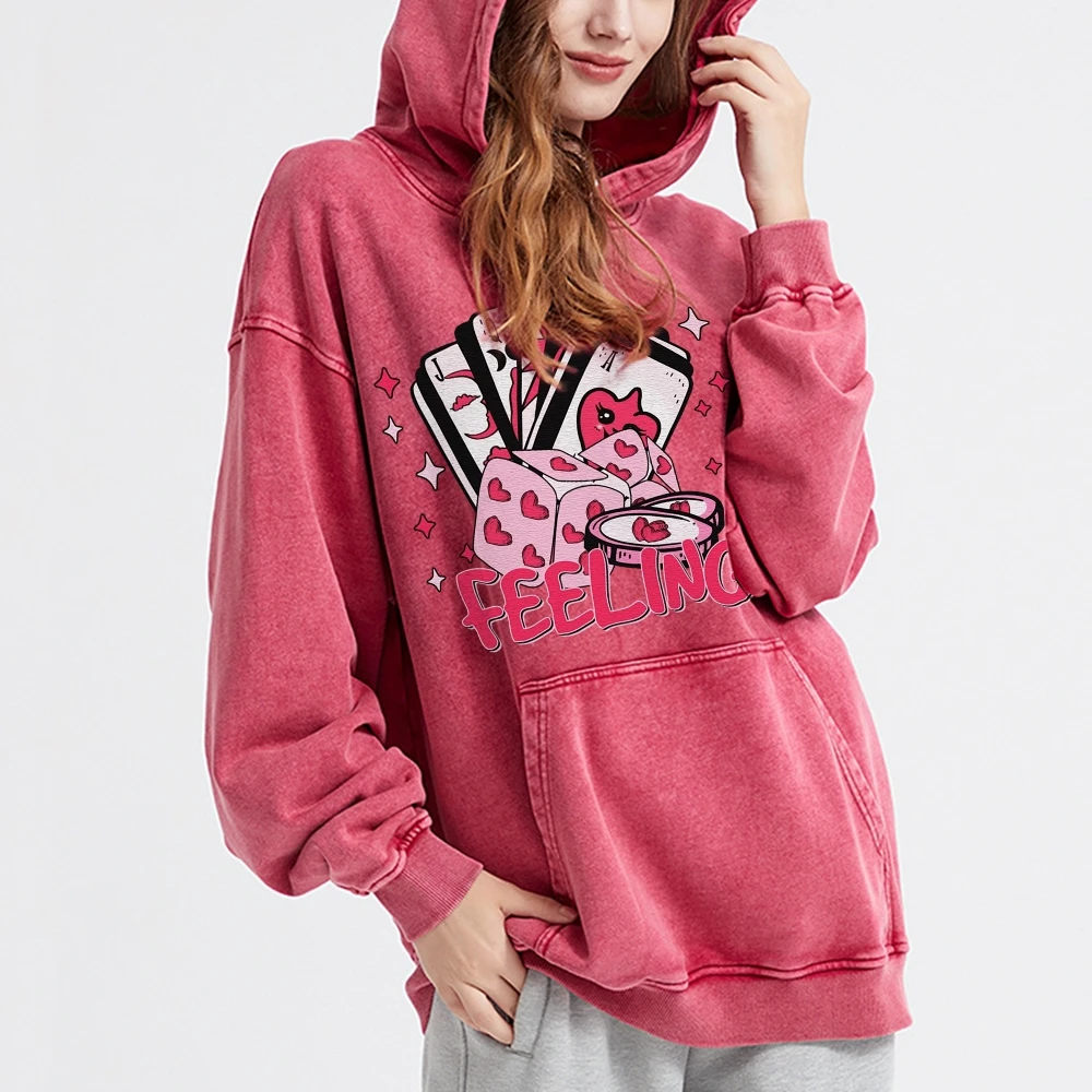 Roze Kaartspel Y 2K Unisex Bedrukt Casual Gewassen Hoodie Sweatshirt, Stijlvol Gevoel Atristisch Shirt, Y 2K Kleding