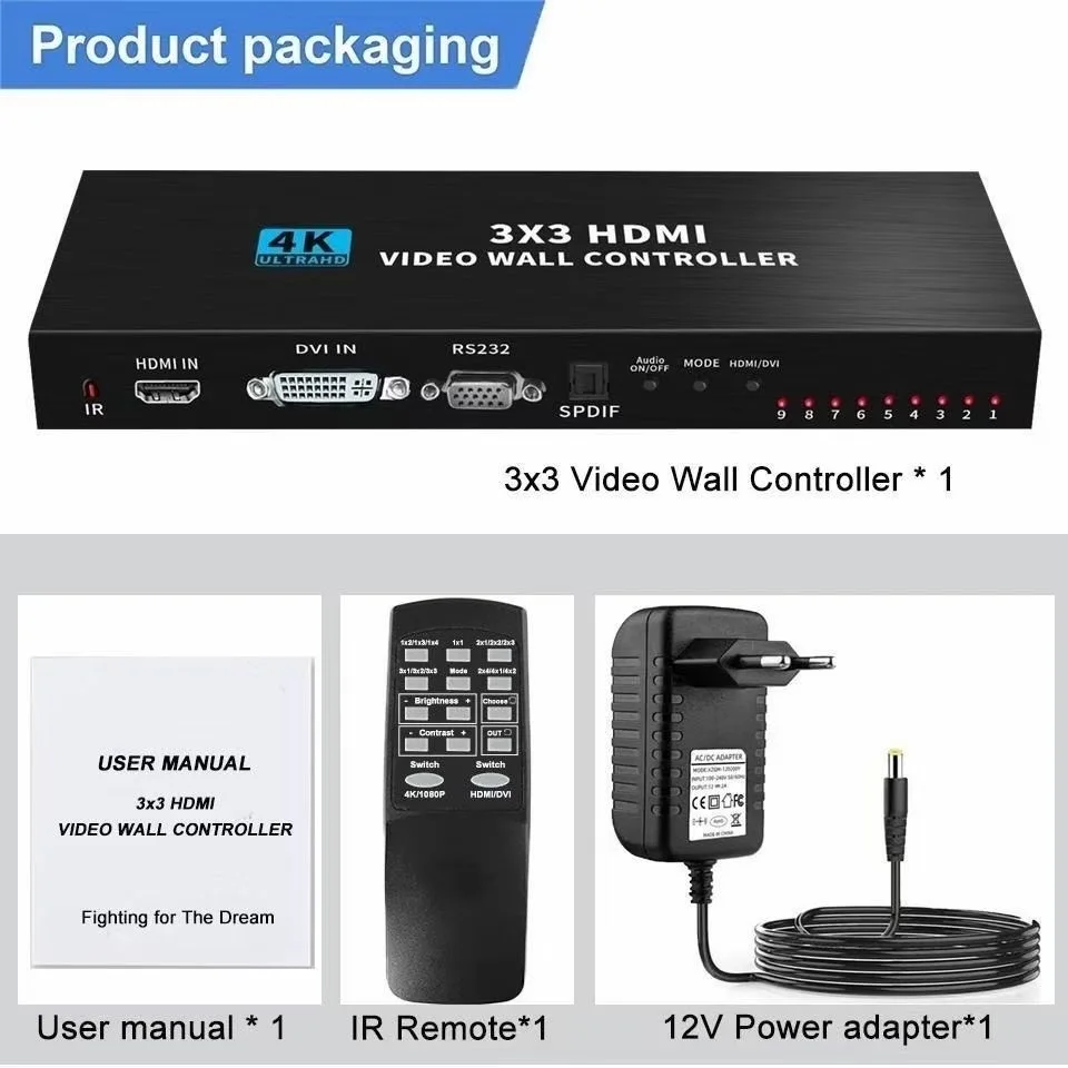 Controlador de Video Wall 4K 3x3, 9 Salidas HDMI, Procesador de Empalme Multipantalla, Compatible con 1080P HDCP 1.4, Interruptor de Pantalla para TV Wall
