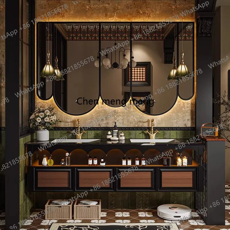 

French Vintage Style Bathroom Vanity New Oak Wood Seamless Ceramic Slab Basin Customizable Washbasin for Bathroom Decor