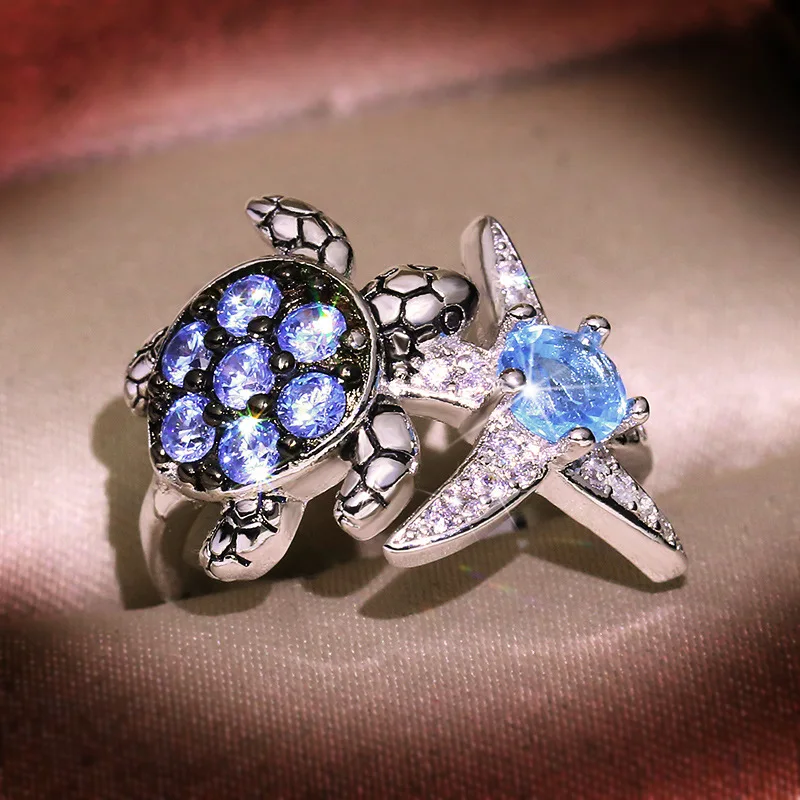 2022 New Creative Inlaid Sapphire Full Diamond Turtle Starfish Ring 925 Stamp Fashion Banquet Party Birthday Jewelry Gift