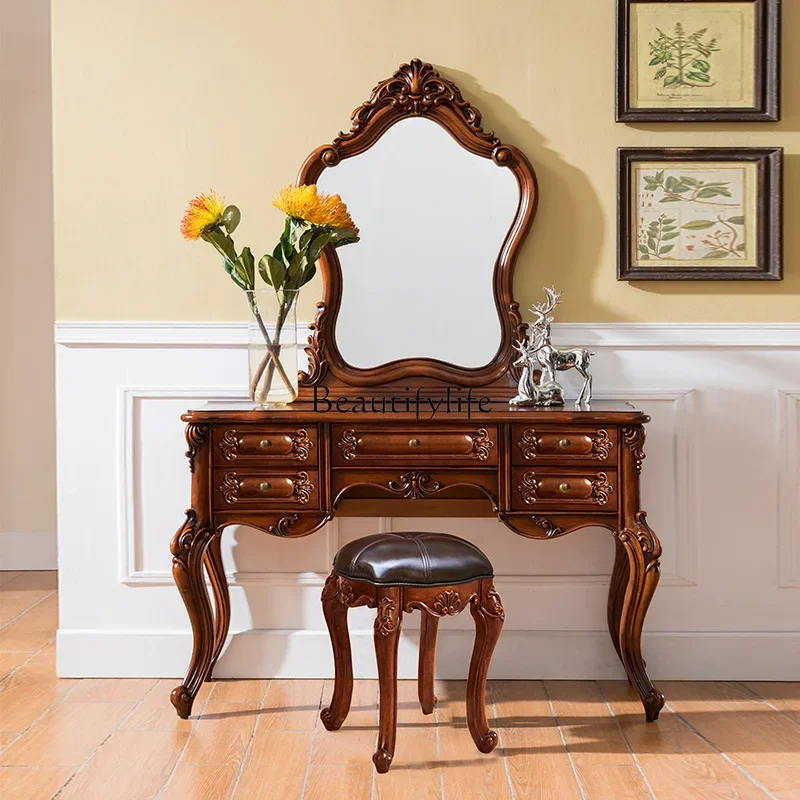 

European bedroom solid wood retro dressing table American carved small apartment dressing table