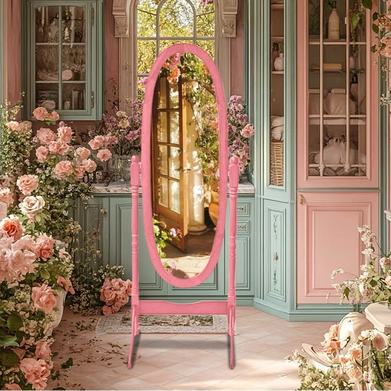 Round pink full-body mirror pastoral floor-to-ceiling mirror retro fitting mirror