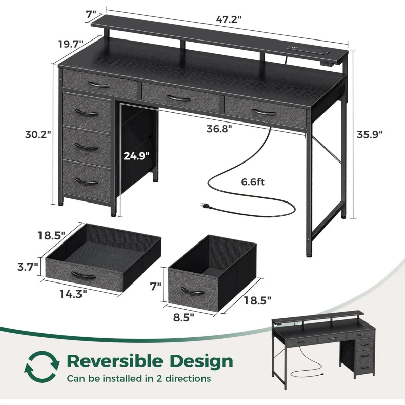Gaming Desk with 6 Drawers, Computer Desk with LED Lights Power Outlets and Type-C, 47 Inch Office Desk with Storage, Monitor St