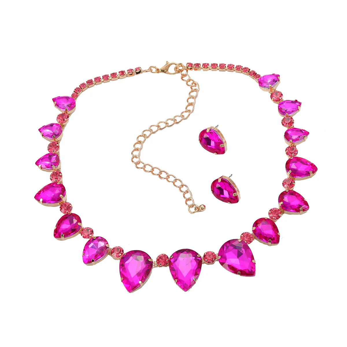 Wedding Party Fuchsia Colorful Geometric Rhinestone Necklace Earrings Jewelry Sets For Women Banquet Accessory