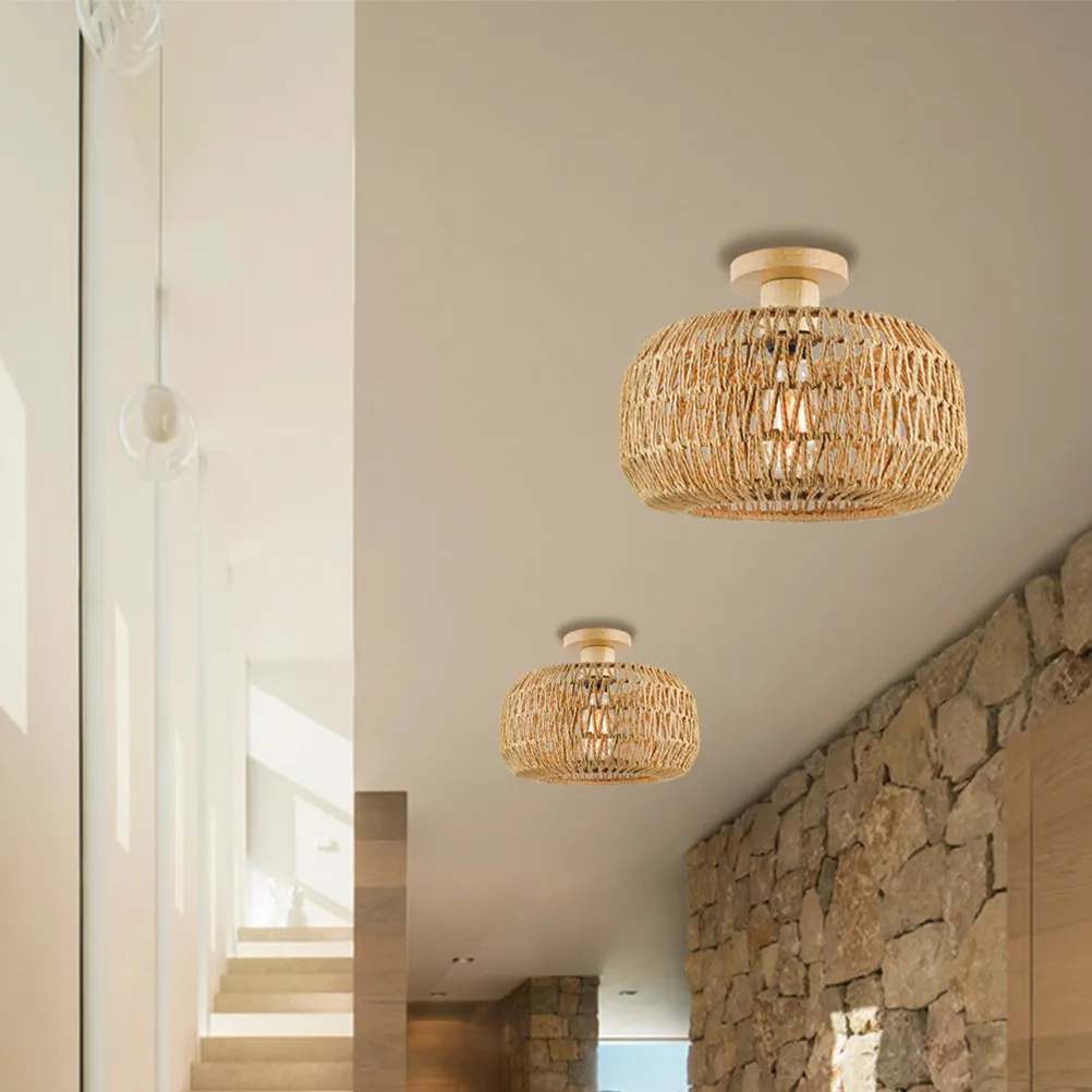 

Country Style Ceiling Light Paper Rope Round Flush Light Fixture E26 E27 Compatible Living Room Kitchen Decorative Lamp