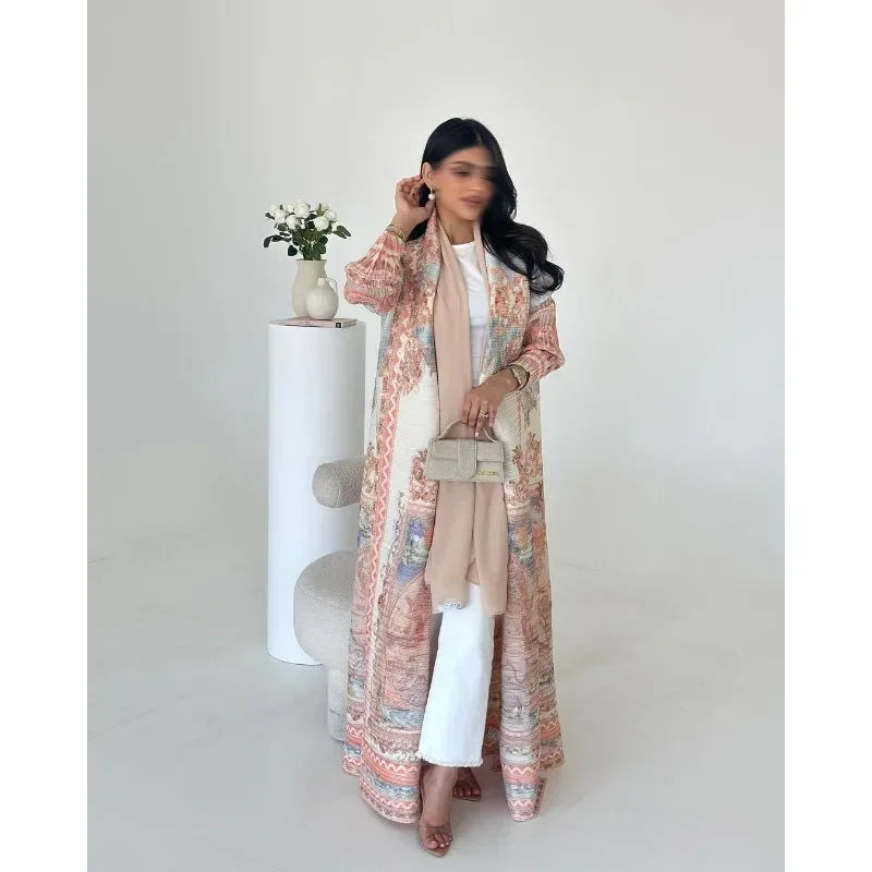 KAF Pleated Women Trench Coat Vintage Printed Cardigan Design Loose Plus Size Women Long Dress Dubai Female Luxury Abaya 2024