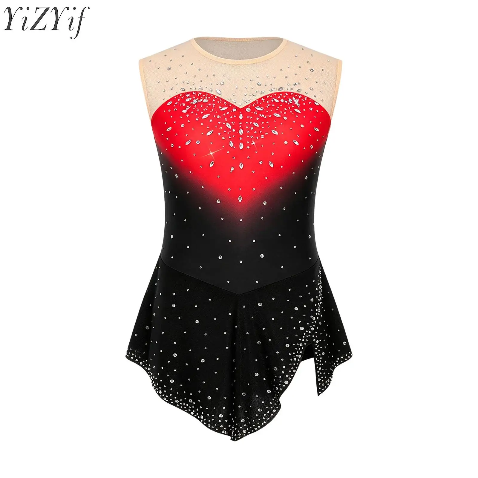 Maillot de Ballet para Niñas con Pedrería y Malla, sin Mangas, con Falda, para Danza Moderna, Contemporánea y Patinaje Artístico sobre Hielo