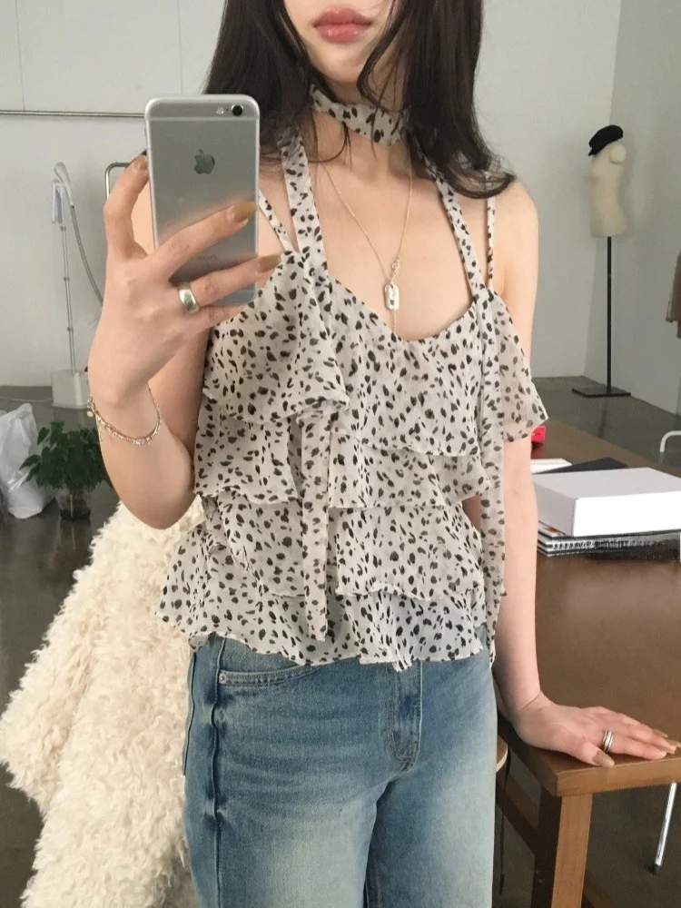 Top Corto Sexy con Estampado de Leopardo y Tirantes para Mujer, Ropa de Verano, Estilo Versátil con Cuello ter, Ideal para...