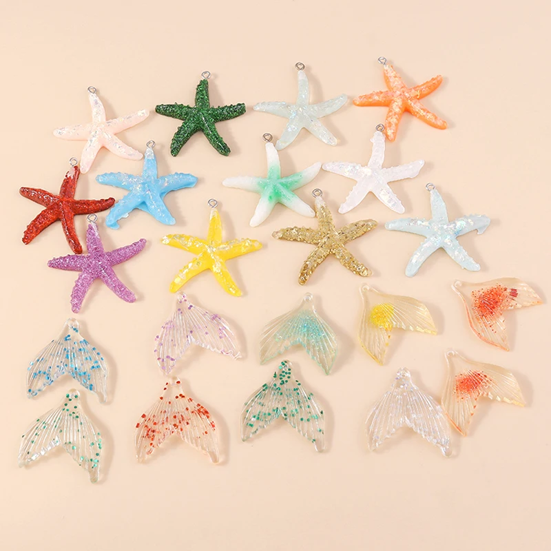 Leslie 10pcs Resin Lovely Glitter Colorful Starfish Charm for Earring Necklace Summer Beach Party Jewelry Making Accessories