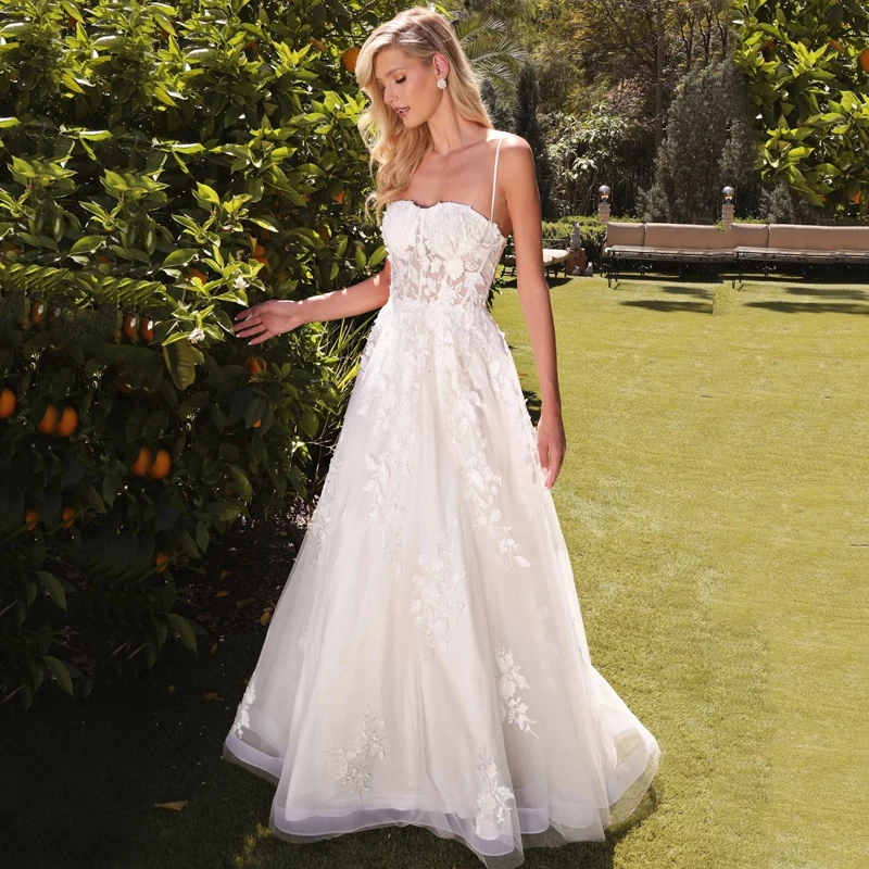 

Sweetheart See Through Appliques Spaghetti Straps Pleats Lace Up A-Line Wedding Dress Bridal Gowns Vestido De Noiva