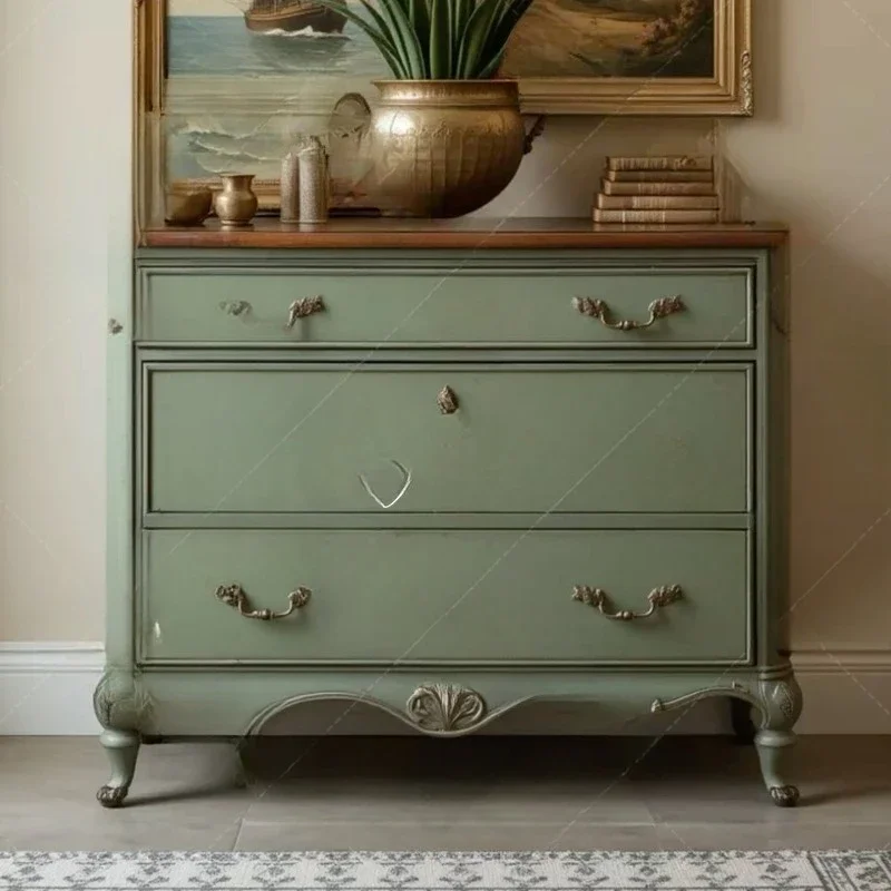 

French retro solid wood carving flower porch cabinet living room green decorative cabinet locker bedside table chest cabinet