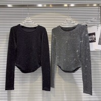 Fat people oversized wear 300 catties fashion rhinestone diamond bright silk curved edge women's long-sleeved T-shirt