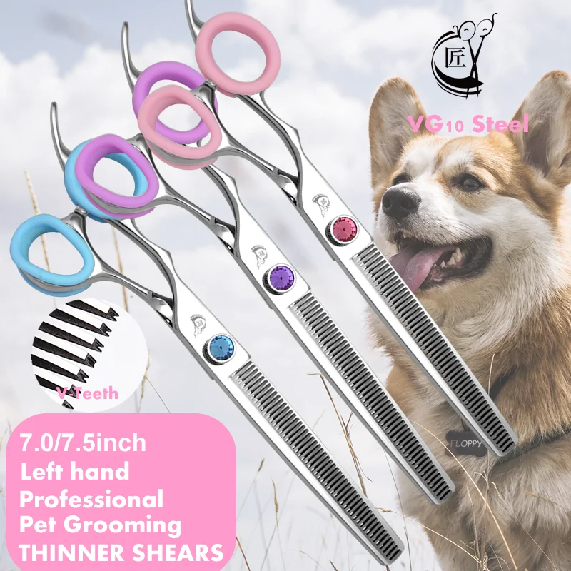 Crane Left Hand 7.0/7.5 Inch Professional Pet Dog Grooming Thinning Scissors VG10 Toothed Blade Shears Thinning Rate About 35%