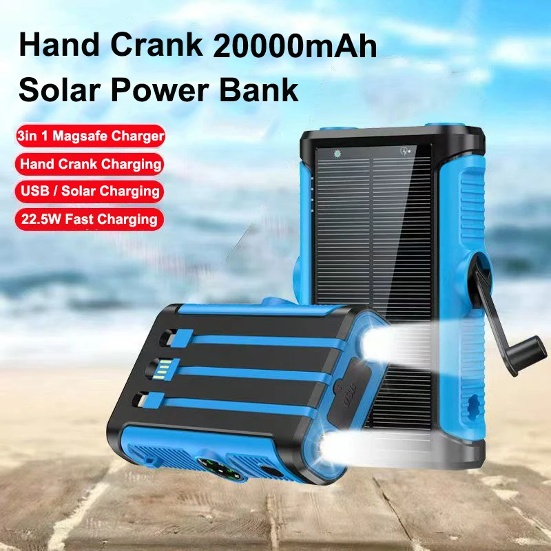

22.5W Hand Crank Solar Power Bank 20000mAh 15W Magnetic Wireless Charger Magsafe Powerbank for iPhone 16 15 14 13 iWatch Airpods