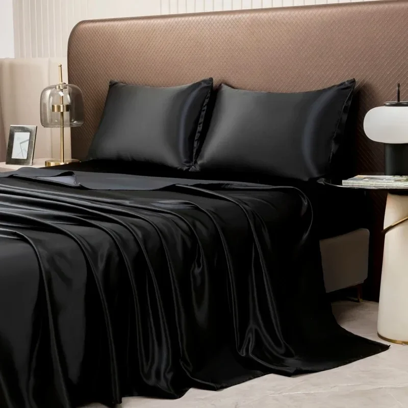 2/3PCS Black Luxury Ice Silk Flat Sheet with Pillowcase High-End Bedding Smooth Bed Sheet Sets Washable Dustproof Sheet Lino Лен