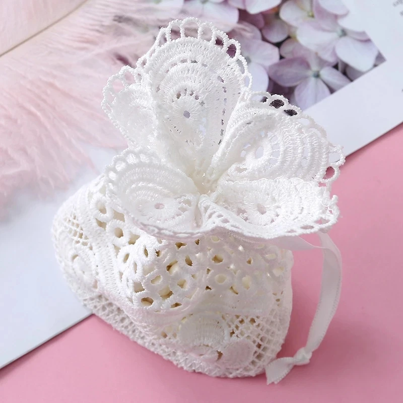 10pcs Round Hole Lace Bag Jewelry Storage Bag Milk Yarn Bundle Pocket Drawstring Bags Packaging Party Wedding Favors gift