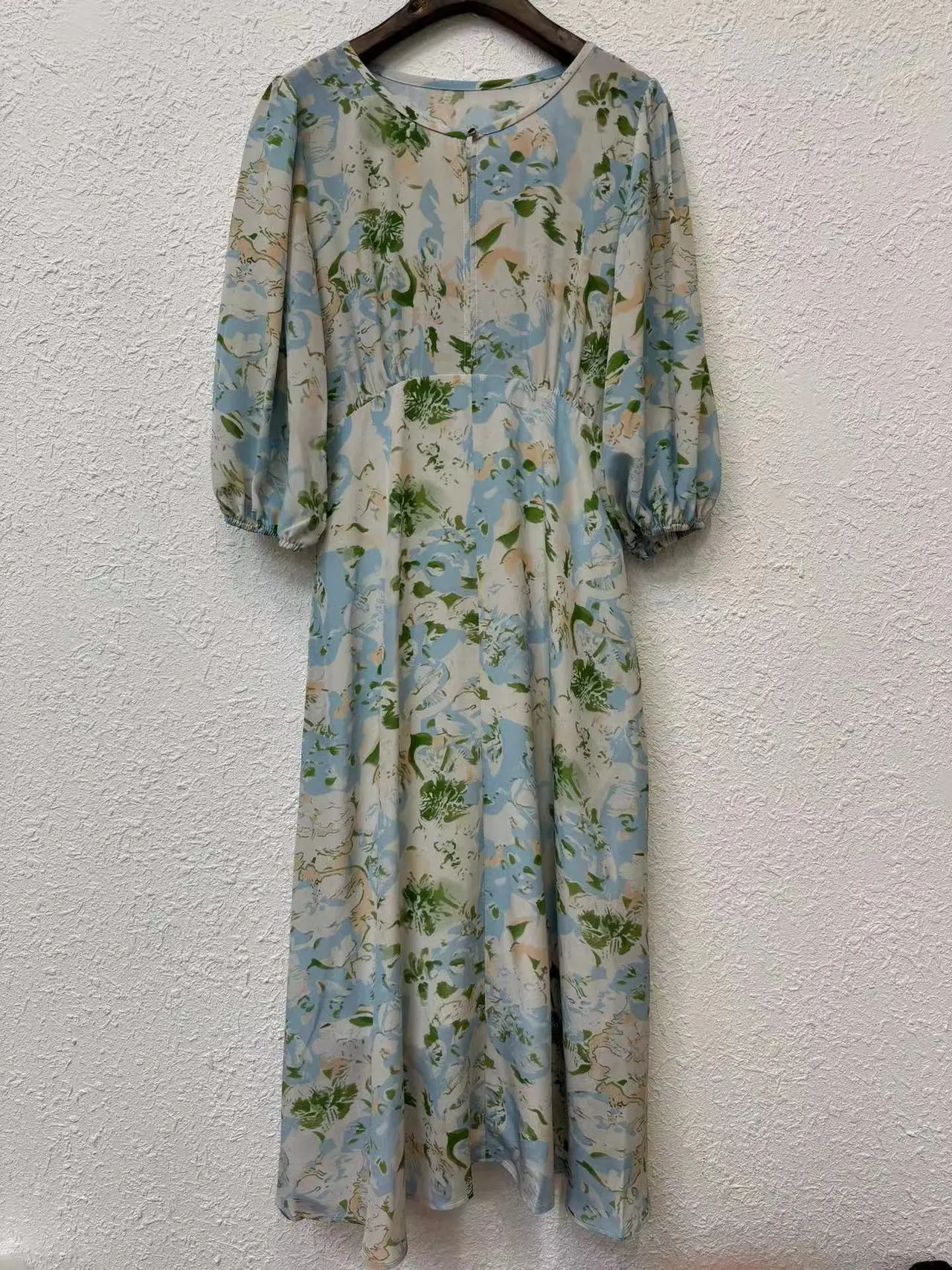 

Silk Dress Lady Printed French O-neck Half Sleeves Mid Length 2024 New Summer Women's Clothing